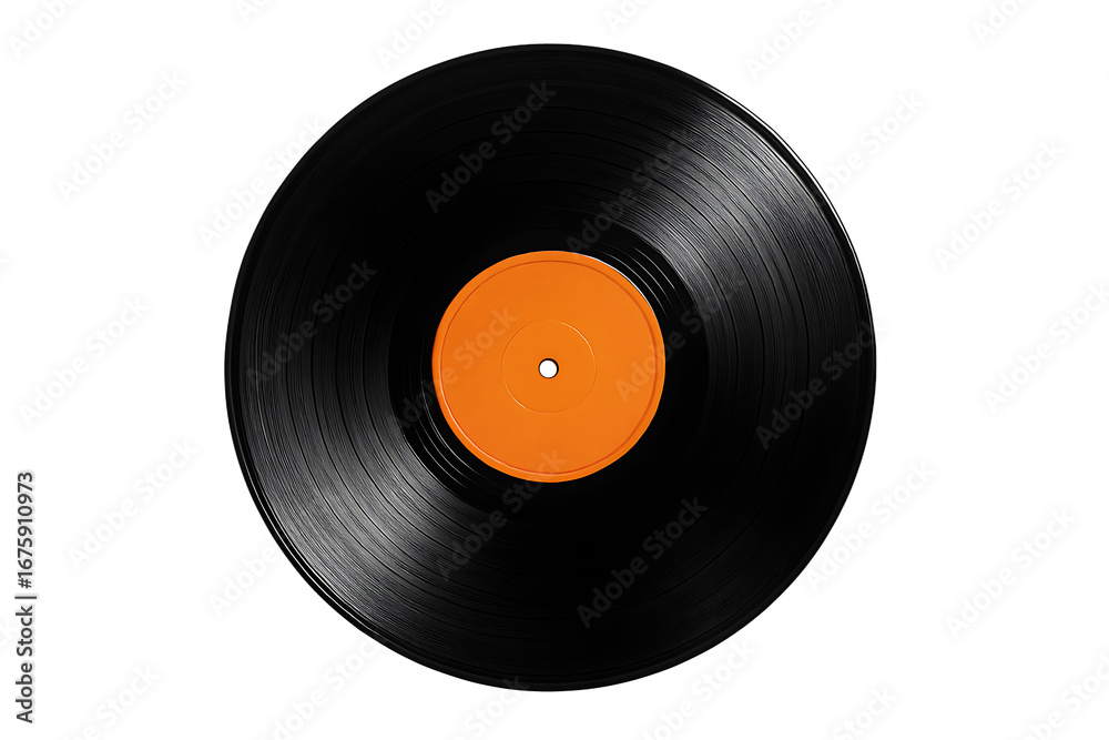 Fototapeta premium Black Vinyl Record Disc with Orange Label Isolated on Transparent Background