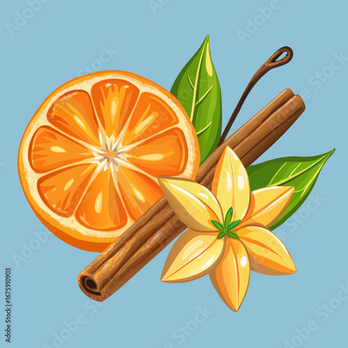 Cinnamon sticks, star anise, and fresh orange slices on a white background with a cinnamon spice decoration