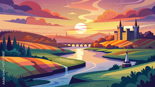 A picturesque landscape featuring a castle, river, and bridge at sunset