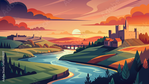 Scenic landscape illustration featuring a castle, river, and bridge at sunset