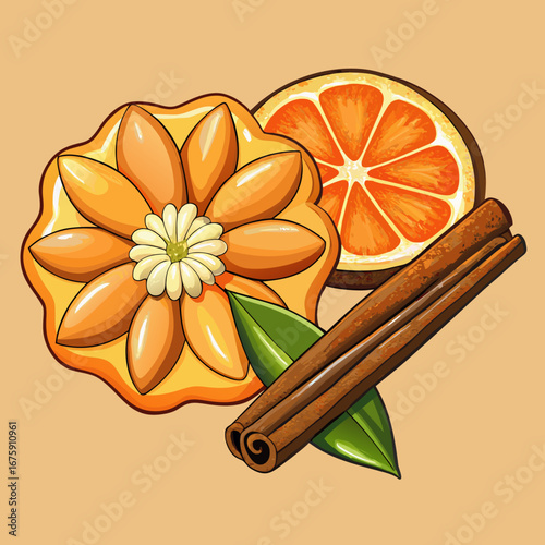 Cinnamon sticks and spices decorate a fresh, juicy orange slice and leaf in a beautiful, natural food illustration