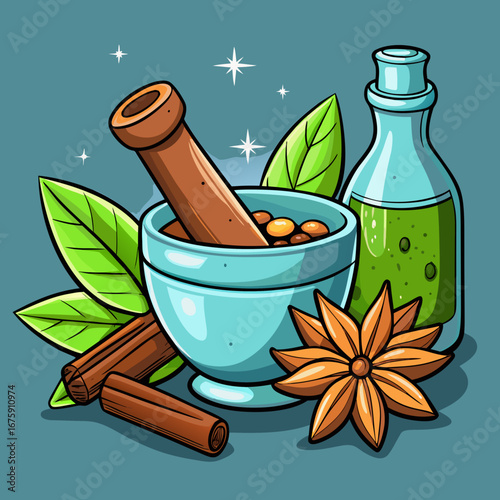 An overhead view of a wooden mortar and pestle filled with fresh herbs and spices on a white surface