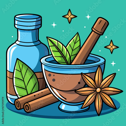 Green fresh herbal mortar and pestle with mint leaves and natural plant ingredients
