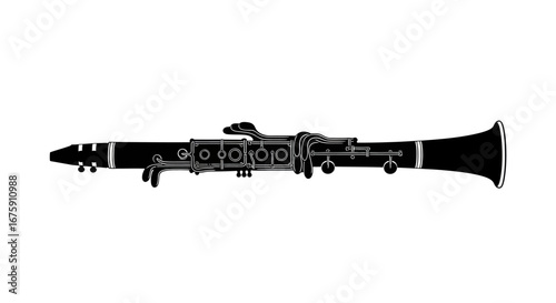 Detailed black and white illustration of a classic woodwind clarinet musical instrument.