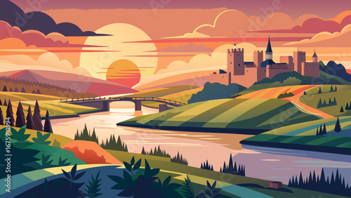 Picturesque landscape with castle, bridge, and river at sunset