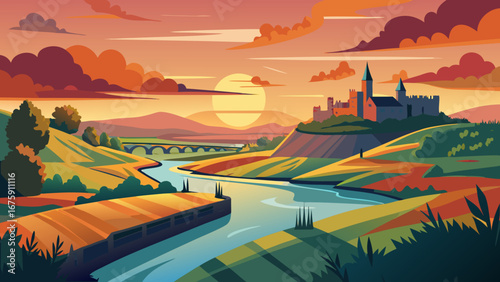 A picturesque landscape featuring a castle, river, and sunset in vibrant colors