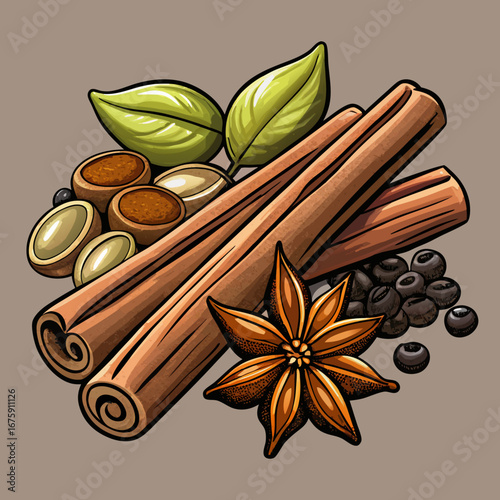 Warm star anise and aromatic cinnamon sticks, essential spices for a sweet coffee or dessert