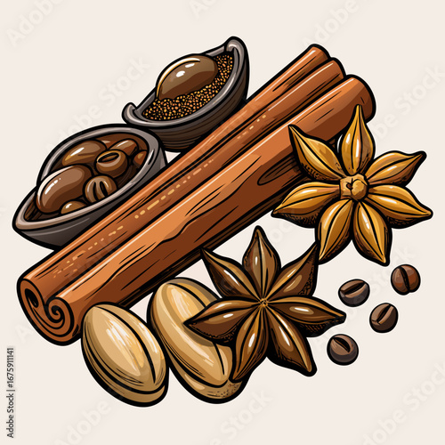 Close-up of aromatic anise and cinnamon sticks, popular brown Christmas spices for coffee and cooking