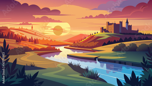 A castle on a hill overlooking a river at sunset in a scenic landscape