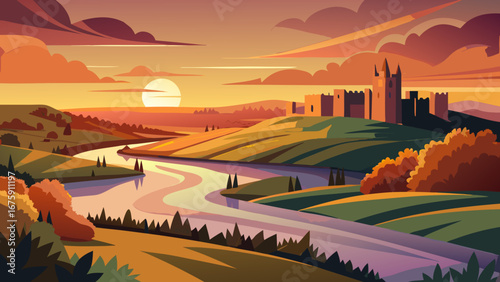 A scenic sunset landscape with a castle on a hill and winding river view