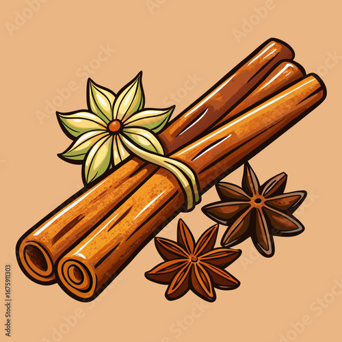 Spiced aroma of star anise and cinnamon sticks with dry spices