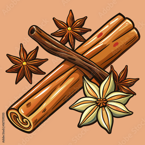 Fragrant star anise and cinnamon sticks are aromatic spices used for food and Christmas decoration