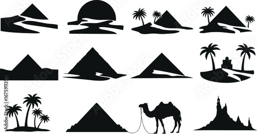 Silhouettes of Desert Landscapes, Pyramids, Sand Dunes, Palm Trees, Camel, Egyptian Architecture, Sunset, Oasis Icons, Black and White Illustrations