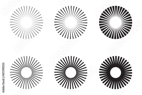 Radial sun burst. Black-white round sunburst icons. Starburst circles. Abstract stripes with centre. Sunburst elements isolated on white background. Circular stars. Vector.