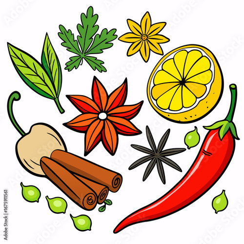 Aromatic brown spices and herbs with star anise, cinnamon sticks, and orange slices for a festive food design