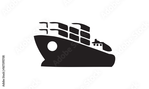 Silhouette of a cargo ship in the sea with industrial elements and transportation icons