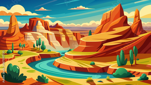 Cartoon desert landscape with red rock formations and a flowing river view