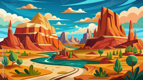 Vibrant desert landscape featuring majestic canyons, rivers, and rock formations