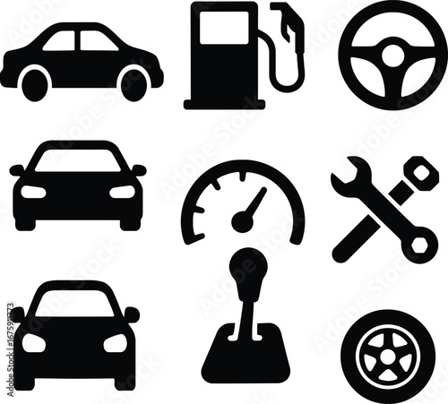 Car vehicle auto repair service icons set transportation automobile maintenance equipment and parts symbols