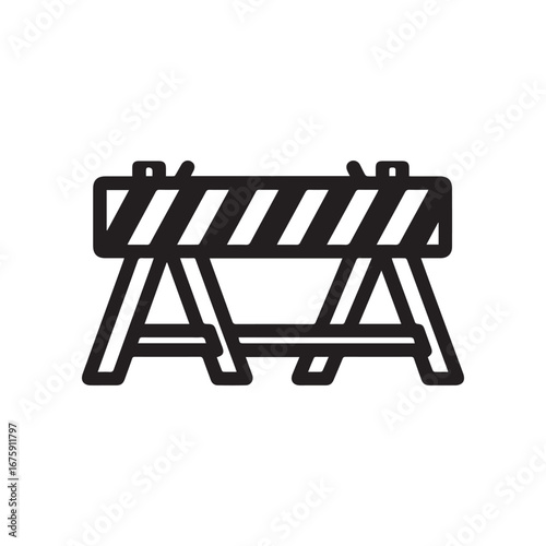 A graphic image displays a black outline of a road barrier on a white backdrop. It features a striped horizontal bar, supported by A-frame legs on each side.