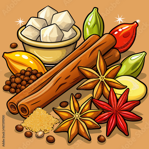 A festive variety of fresh and dried spices like star anise, cinnamon, and orange peel used for Christmas holiday cooking