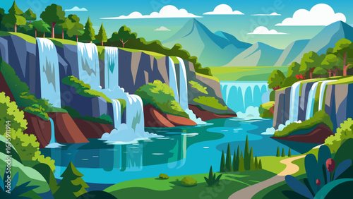 Lush waterfalls cascade down cliffs into a serene river valley landscape