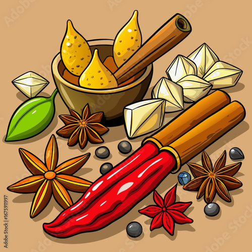 Cinnamon sticks and star anise are arranged as a festive decoration, a sweet and aromatic blend of spices on a white background