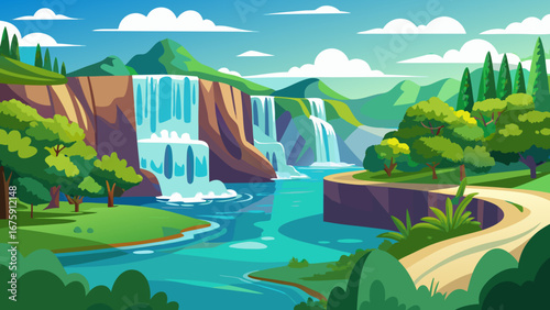 Cartoon landscape of waterfalls, mountains, river, and a winding road scenery
