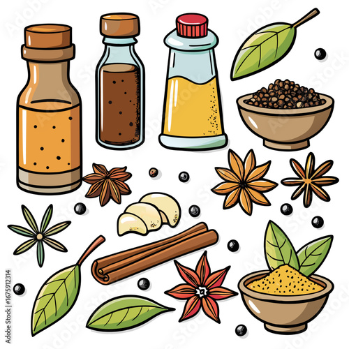 A vibrant collection of natural spices and herbs in glass bottles, perfect for healthy food and aromatherapy