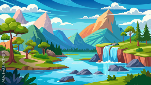Cartoon landscape featuring mountains, waterfall, river, and lush vegetation