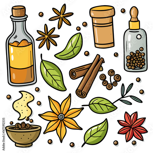 Healthy natural herbal essential oils and spices for wellness, massage, and spa