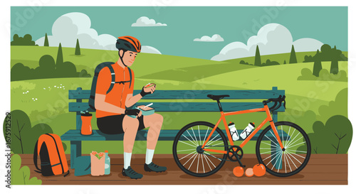 Cyclist resting on park bench with bicycle and snacks, enjoying a moment of calm amidst scenic outdoor beauty
