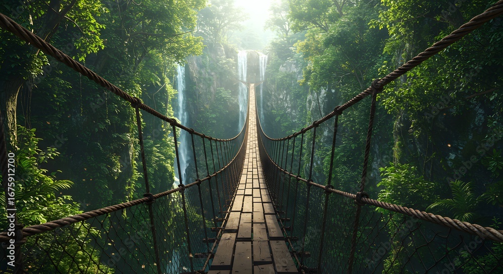 Obraz premium Serene suspension bridge crossing over a lush jungle landscape with cascading waterfalls in the background