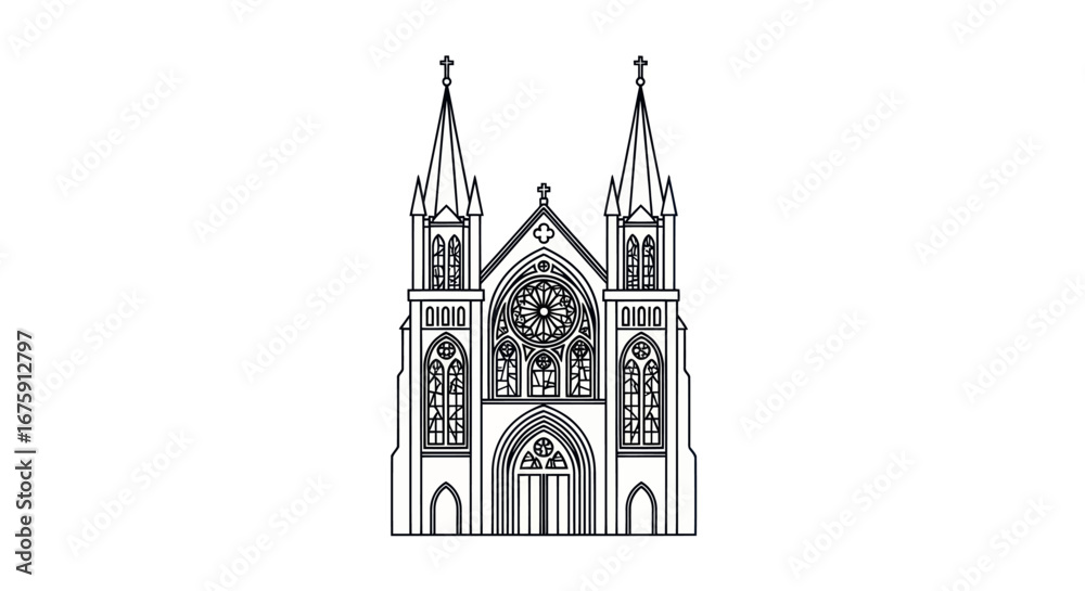 Fototapeta premium Ornate Gothic Cathedral Facade with Twin Spires and Rose Window.