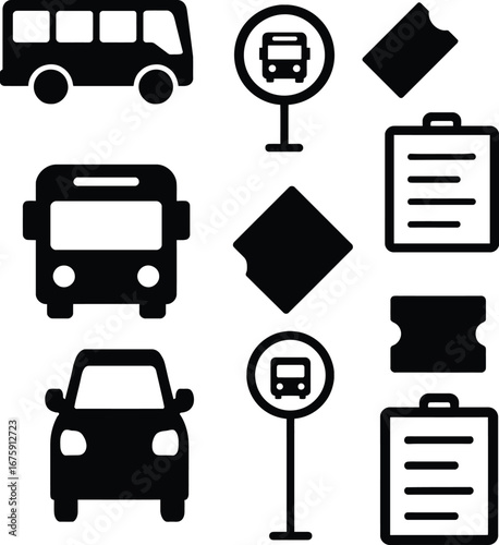 Transportation icons set bus car stop ticket clipboard vector design for web and graphic design use