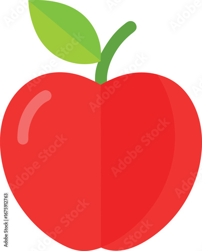 Vector art of a vibrant red apple with a green leaf and stem, isolated on a clean, representing healthy eating and freshness