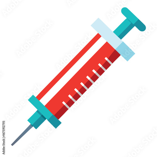 Vector art of a medical syringe with a red liquid and a blue plunger, isolated on a