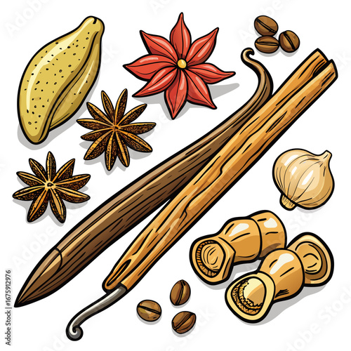 A close-up of fragrant brown spices and herbs, including star anise, cinnamon sticks, and cloves, arranged for a festive Christmas aroma