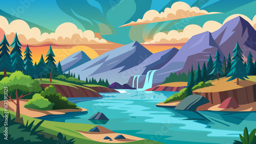 Mountain landscape with river and forest under a cloudy sky at sunset