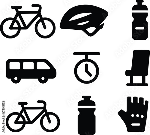 Cycling gear bike helmet water bottle van clock chair glove vector icon set illustration design 100