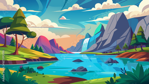 Colorful cartoon landscape with waterfall, mountains, river, and lush trees