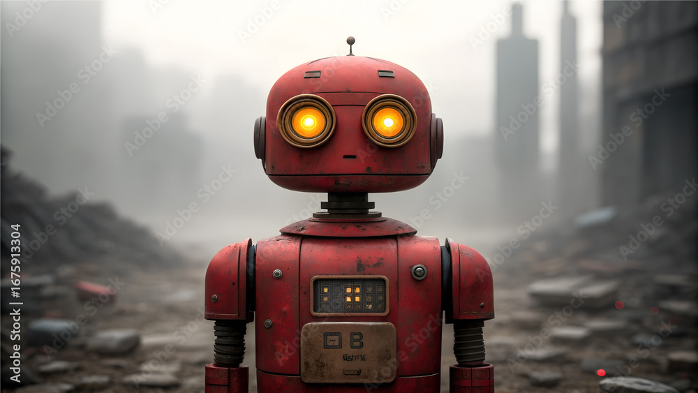 Fototapeta premium Red retro robot with glowing orange eyes in a desolate city ruin vintage mechanical
