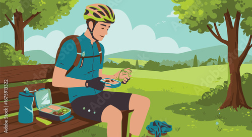 A sporty individual in cycling attire enjoys a healthy lunch break on a bench in a scenic park, embracing an active lifestyle and outdoor dining