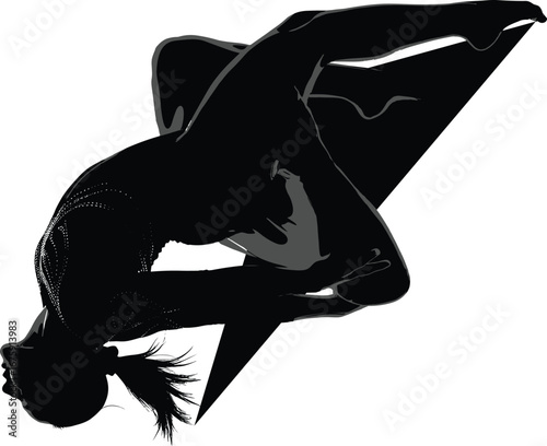Dynamic female dancer silhouette in acrobatic pose with geometric abstract element, vector illustration perfect for sports, dance, and motion designs.