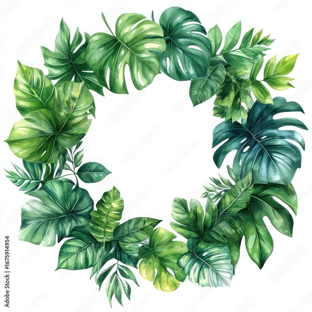 Naklejka premium Tropical leaves wreath watercolor style