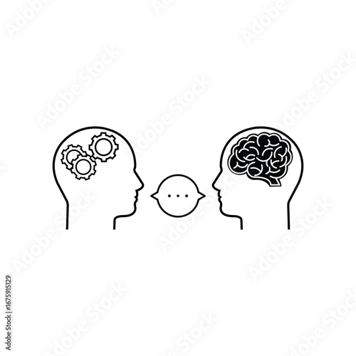 thin line dialogue between chatbot and human. flat silhouette contour style trend logotype or simple graphic art design isolated on white background. concept of meeting, teamwork or presentation