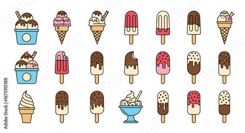 A collection of delicious frozen desserts featuring ice cream cones popsicles and sundaes