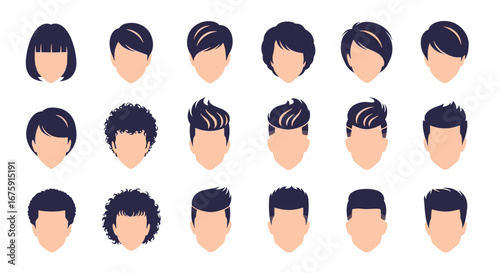 A diverse collection of modern and classic hairstyles for men and women showcasing various cuts and styles