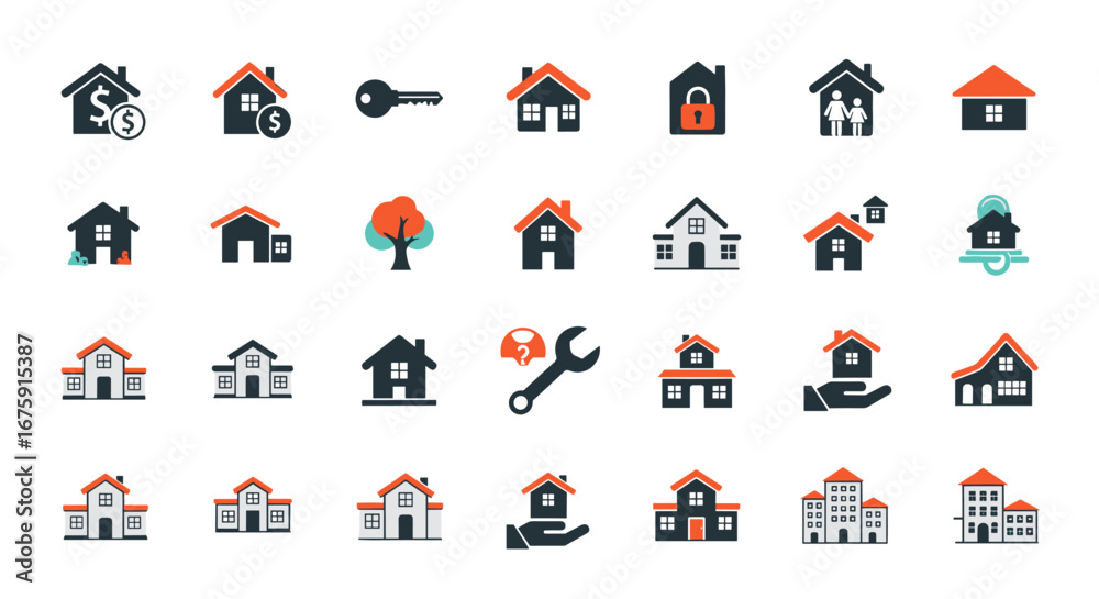 Fototapeta premium Collection of real estate and property icons for home buying selling and management services