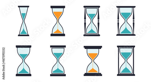 Collection of eight stylized hourglasses representing the passage of time and measurement concepts